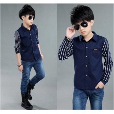 2017 Musim Gugur Anak-anak Pakaian Baju Anak Laki-laki Stripe Panjang Lengan Kerah Merapikan Boy Kemeja untuk Anak Laki-laki Big Kids Kemeja Kasual Tops-Intl
