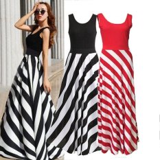 2017 Kualitas Tinggi Merek BARU Musim Panas Striped Cetak Gaun Panjang O-Neck Beach BoHo Maxi Gaun Feminin Plus Ukuran Grosir (warna: Hitam)-Intl