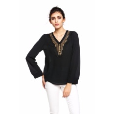 2017 Hot Sell! Wanita Gaya Korea Gadis Lengan Panjang Sifon Baju Kaos Kerah V Perunggu Flat Kancing Atasan TEE- INTL