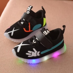 2018 Baru Musim Gugur Anak-anak Sepatu DIPIMPIN LAMPU Sepatu Anak Laki-laki Anak Light Olahraga Sepatu Mesh Bernapas Sepatu Flash EU21-EU30 (HITAM) -Intl
