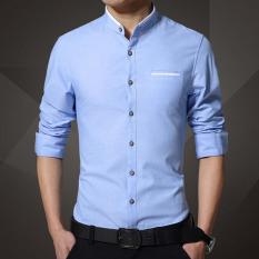 2017 New Brand Pria's Kemeja Kasual Lengan Panjang Banded Collar Mudah Perawatan Collarless Kemeja Slim Fit Dress Shirt untuk Pria Bisnis (Biru) -Intl