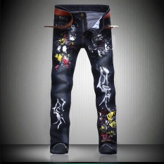 2017 NEW Denim Celana Inkjet Celana jeans Mencetak untuk Pria Kurus Tertekan Tipis Designer Biker Hip Hop Jins Lubang Pria Lurus Pants-Biru Laut-Internasional
