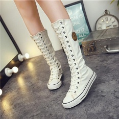 2017 Baru Fashion Sepatu Kanvas Women Lace ZIP MID-Calf Flats Boots Hip Hop Sepatu Kasual Tinggi Punk Gothic Sepatu Wanita (Putih) -Intl