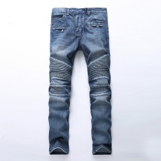2017 Baru Fashion Pria Panjang Jeans BOY Lubang Dewasa Casual Denim Jeans Celana Ketat Celana Pria Pendek Jeans Robin Celana Denim Pria Ripped Hol 03-Dark Blue-Intl