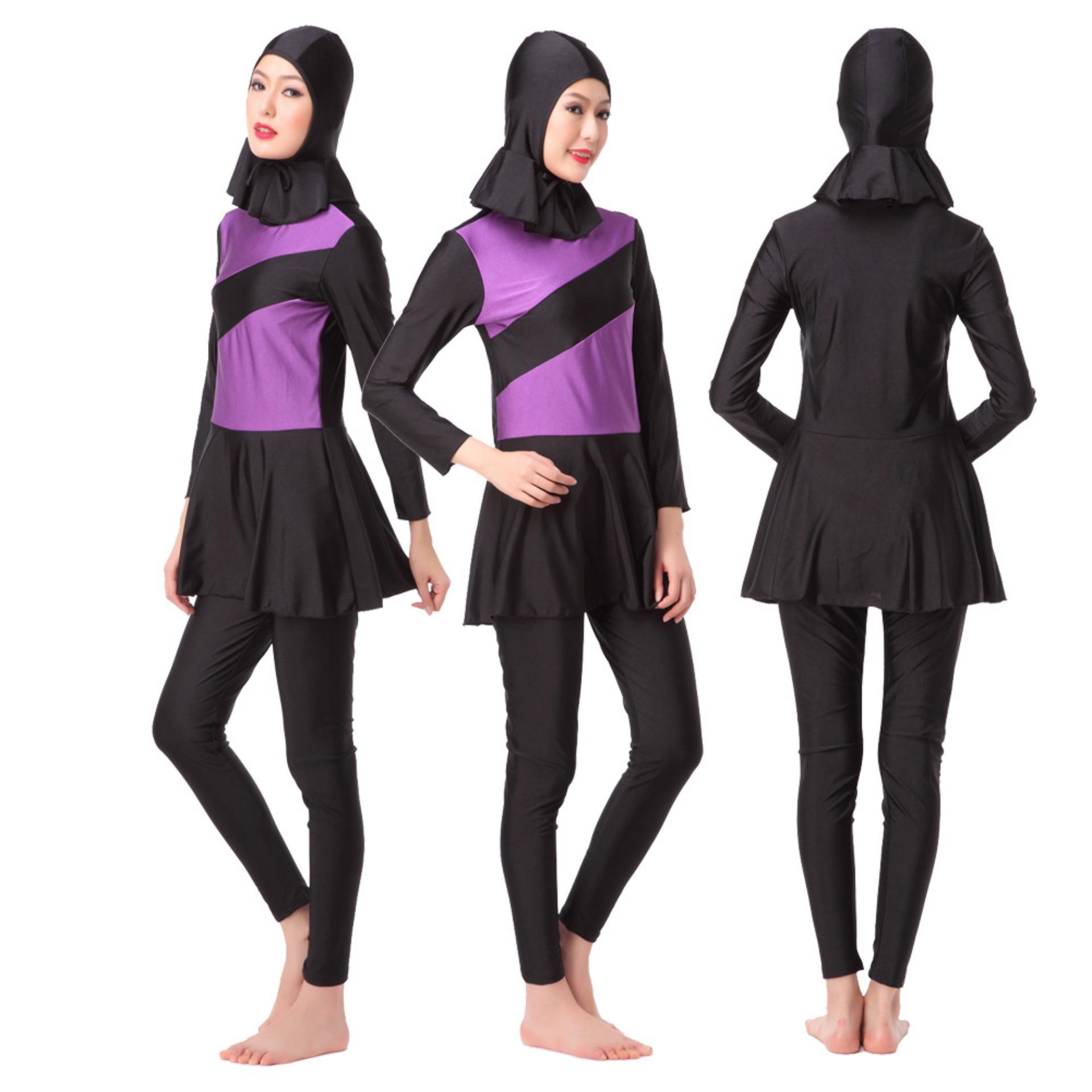 Baru Poliamida Lycra Cepat Kering Lembut Warna Muslim Wanita Swimwear Set dengan Jilbab untuk Berenang Sport Edora Baju Renang Muslim Dewasa