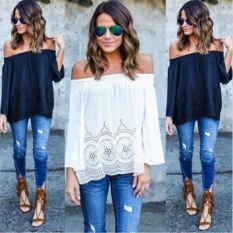 2017 Off Shoulder Pure Color European and American Long-sleeved Chiffon Shirt Loose Casual Lace Shirt - intl