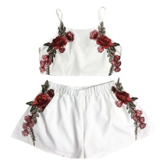 2017 Summer Wanita Fashion Bunga Sleeveless Tops dan Celana Pendek 2 Piece Set Gaya Pantai Putih-Intl