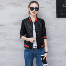 2017 Wanita Musim Gugur Baru PU Cuci Kulit Pendek Bisbol Memakai Lokomotif Slim Kulit Kasual Jaket Jaket Plus Ukuran XXL- Hitam-Intl