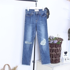 2017 Musim Panas Tertekan Ankle Panjang jeans Denim Blue Women Gaya Pacar Ukuran Besar Skinny Frayed-Ehem-Internasional