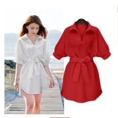 2018 Wanita Modis Baju Kemeja Kasual Longgar V-neck Gaun Wanita Padat Yang Tidak Beraturan Pinggang Gaun Musim Panas-Intl