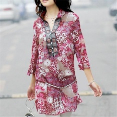 2018 Nasional Atasan Wanita Ramping V Leher Sifon Antik 3/4 Motif Lengan Blus Kemeja Wanita Kasual Longgar Blus Merah -Internasional
