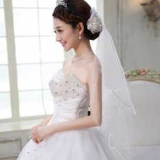 2 Pcs 3 Tier Pernikahan Bridal Siku Panjang Pendek Satin Pinggir Jilbab dengan Sisir Baru Merah-Internasional