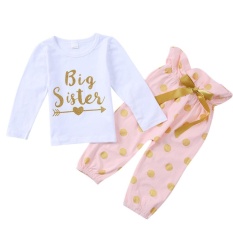 2 Pcs Baby Girl Letter Cetak T-shirt + Bow Dot Celana Pakaian Set untuk Kakak-Intl