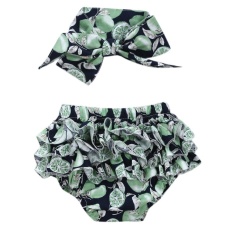 2 Pcs Bayi Baby Girls Green Lemon Floral Celana, Ikat Kepala, Pakaian Set-Intl
