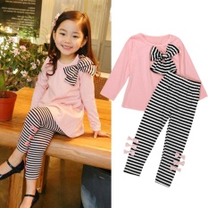 2 Pcs Kids Bayi Gadis Pakaian Lengan Panjang Ikatan Simpul Dress T-shirt + Stripe Celana Set-Intl