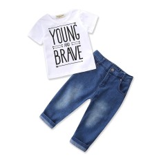 2 Pcs Pakaian Kaus Putih Jeans Koboi Celana Panjang Musim Panas Anak-anak Pakaian Anak Laki-laki Pakaian Set Anak Laki-laki Pakaian Anak Pakaian set-Internasional