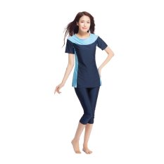 2 Pcs Trendi Wanita Swimwear Sederhana Islam Lengan Pendek Tankini Swimming Swimsuit (Biru + Langit Biru)-Intl