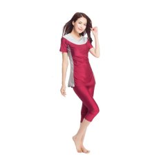 2 Pcs Trendi Wanita Swimwear Sederhana Islam Lengan Pendek Tankini Swimming Swimsuit (Merah + Silver)-Intl