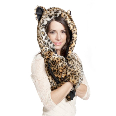 3-In-1 Unisex Pria Wanita Perempuan Imitasi Bulu Kelinci Kartun Hewan Rubah Earflap Telinga Tudung Kerudung Topi Syal Panjang Jaring Rambut Baju Hangat Musim Dingin Hangat Topi Sarung Tangan dengan Sarung Tangan Saku, Macan Tutul-Internasional