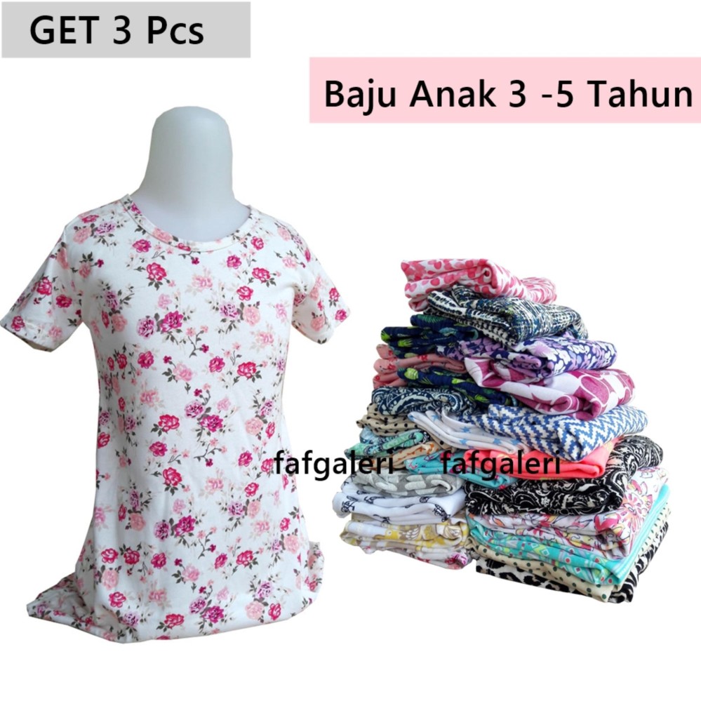 3 PCS Baju Kaos Anak Perempuan Aneka Motif 3-5 Tahun