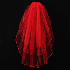 3 Tier Pernikahan Bridal Siku Panjang Pendek Satin Pinggir Jilbab dengan Sisir Baru Merah (Intl)-Intl