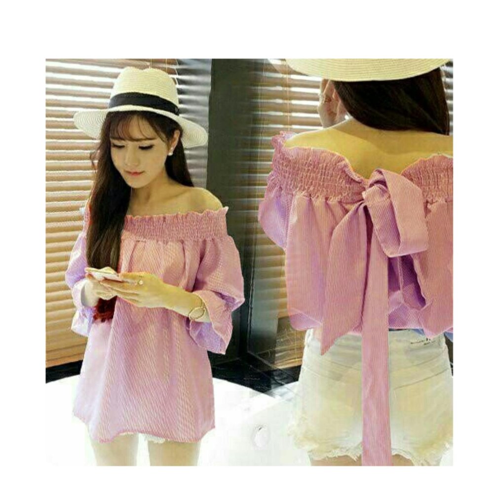 369 Blouse Sabrina Salur Casual Wanita Motif Stripe - Merah 369 Blouse Sabrina Salur Casual Wanita Motif Stripe - Merah