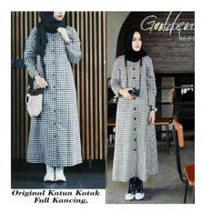 369 Long Dress Casual Wanita Bahan Katun Kotak Hitam Putih (Tanpa Pashmina)