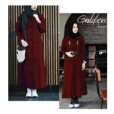 369 Long Dress Casual Wanita Bahan Katun Kotak Merah Hitam (Tanpa Pashmina)