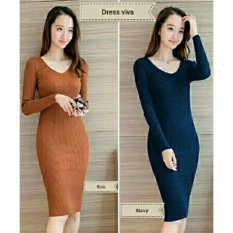 369 Mini Sexy Dress Casual Wanita Lengan Panjang Bahan Rajut - Bata
