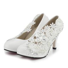 3 ''/8 Cm Ladies Heel Gading Lace Kristal Mutiara Pernikahan Bridal Sepatu Pompa Hadiah-Intl