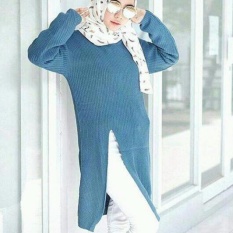 3K Baju Muslim - Slit Sweater Tunic - Rajut Premium - Blue Denim