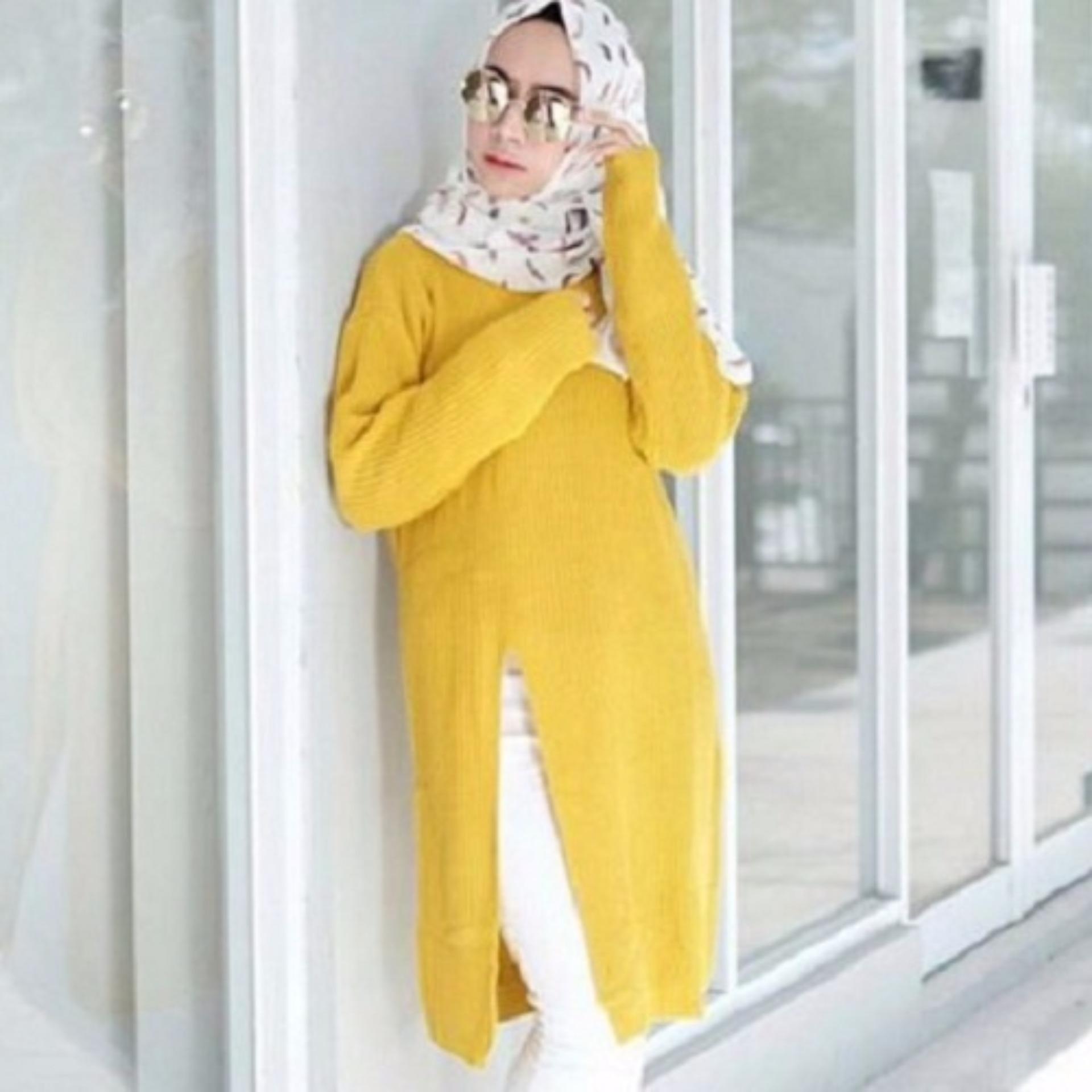 3K Baju Muslim - Slit Sweater Tunic - Rajut Premium - Kuning Lime