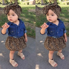 3 PC Balita Bayi Perempuan Dress Denim Shirt + Leopard Rok + Headband Anak-anak Pakaian Set-Intl