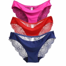 3 Pcs Lace Briefs Sexy Ladies Panties Seamless Pakaian Dalam Wanita Celana Multipack Merah Rose Navy Blue-Intl