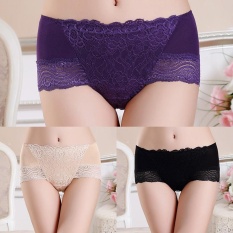 3 Pcs Wanita Celana Dalam Serat Bambu Pinggang Tengah Celana Dalam Renda Briefs Lembut Seamless Warna Hitam + Apricot + Ungu -Internasional