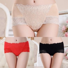 3 Pcs Wanita Celana Dalam Serat Bambu Pinggang Tengah Celana Dalam Renda Briefs Lembut Seamless Warna Hitam + Apricot + Merah -Internasional