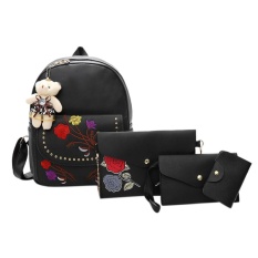 4 Pcs Tas Wanita Set Kasual Bordir Backpack Shoulder Bag Tas Dompet (Hitam)-Intl