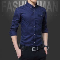 A01 Fashion Gaya Baru Pria Bisnis Lengan Panjang Slim Dimurnikan Kapas Kemeja Mencuci dan Memakai Anti Keriput Shirt-DC1617-2 Dark Biru-Intl