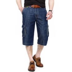 AFSJEEP Mens Musim Panas Outdoor Multi-pocket Longgar Lurus untuk Pesta Bang Pendek Kargo Denim Shorts Dark Blue