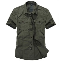 AFSJEEP Outdoor Sport Cotton Breathable Multi Kantong Kargo Lengan Pendek Kemeja untuk Pria Hijau-Intl