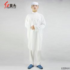 Agapeon Katun Baju Melayu Cocok untuk Pria Berdiri Kerah dengan Tombol (Putih)-Internasional