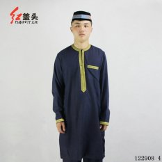 AGAPEON Cotton & Linen Baju Melayu Cocok untuk Pria Kerah Bulat dengan Bordir Emas (Biru)-Intl