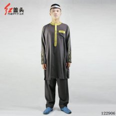 AGAPEON Cotton & Linen Baju Melayu Cocok untuk Pria Kerah Bulat dengan Bordir Emas (Abu-abu Gelap)-Intl