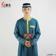 AGAPEON Cotton & Linen Baju Melayu Cocok untuk Pria Kerah Bulat dengan Bordir Emas (Danau Biru)-Intl