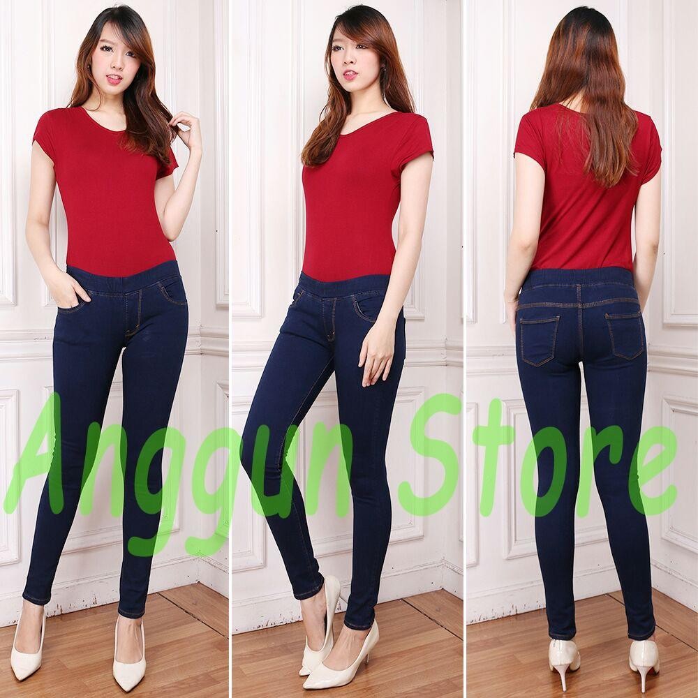 AJ Anggun Jeans – Celana Leging Wanita – Denim Premium Quality – Pinggang Karet – Dongker – Size 27-34