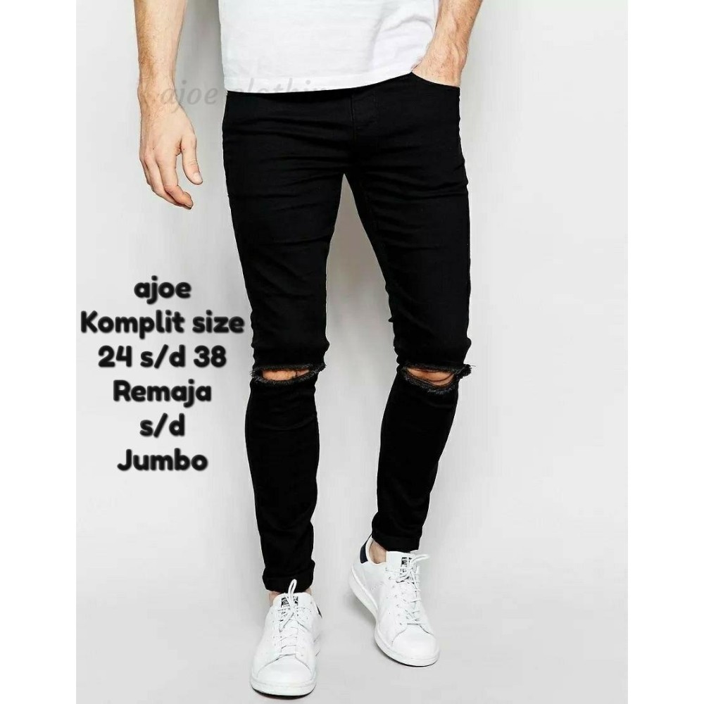 Ajoe Celana Jeans Pria Sobek Ripped / Celana Jeans hitam pria Strecth / Celana panjang Pria Model Skinny UKURAN KOMPLIT 24 - 25 - 26 -  27 - 28 - 29 - 30 - 31 - 32 - 33 - 34 - 35 - 36 - 37 - 38