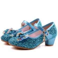 Ajusen Baju Anak Girls High Heels untuk Party Sequined Kain Biru Pink Sepatu Ankle Strap Ratu Salju Anak Perempuan Pompa Sepatu-Intl