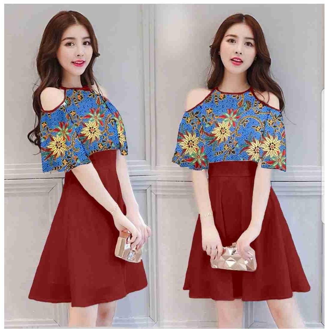 AK - Dress Shoulder Arini - Maroon Twiscone Combi Batik Best Quality Akiko Fashion