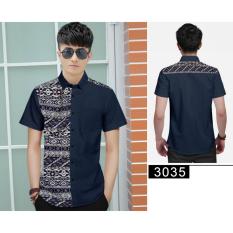 Algren Baju Hem Kemeja Batik Pria Tone lengan pendek - Biru Navy / Regular fit / Casual / Polos / Kerja / Kantor / Katun / Kem Tangan Pendek Cowo / Atasan Cowok / Pakaian Laki laki Dewasa
