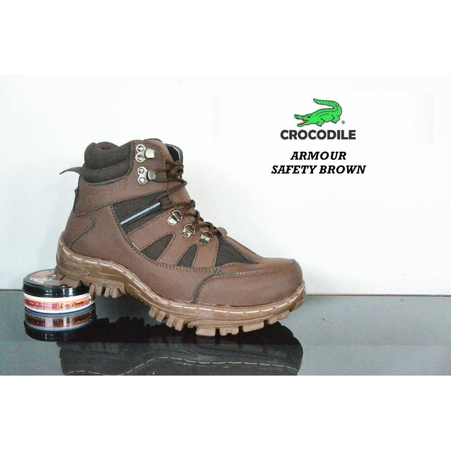 AM_Sepatu Boots Pria Safety Crocodile Armour Ujung Besi Hiking Touring_Coklat